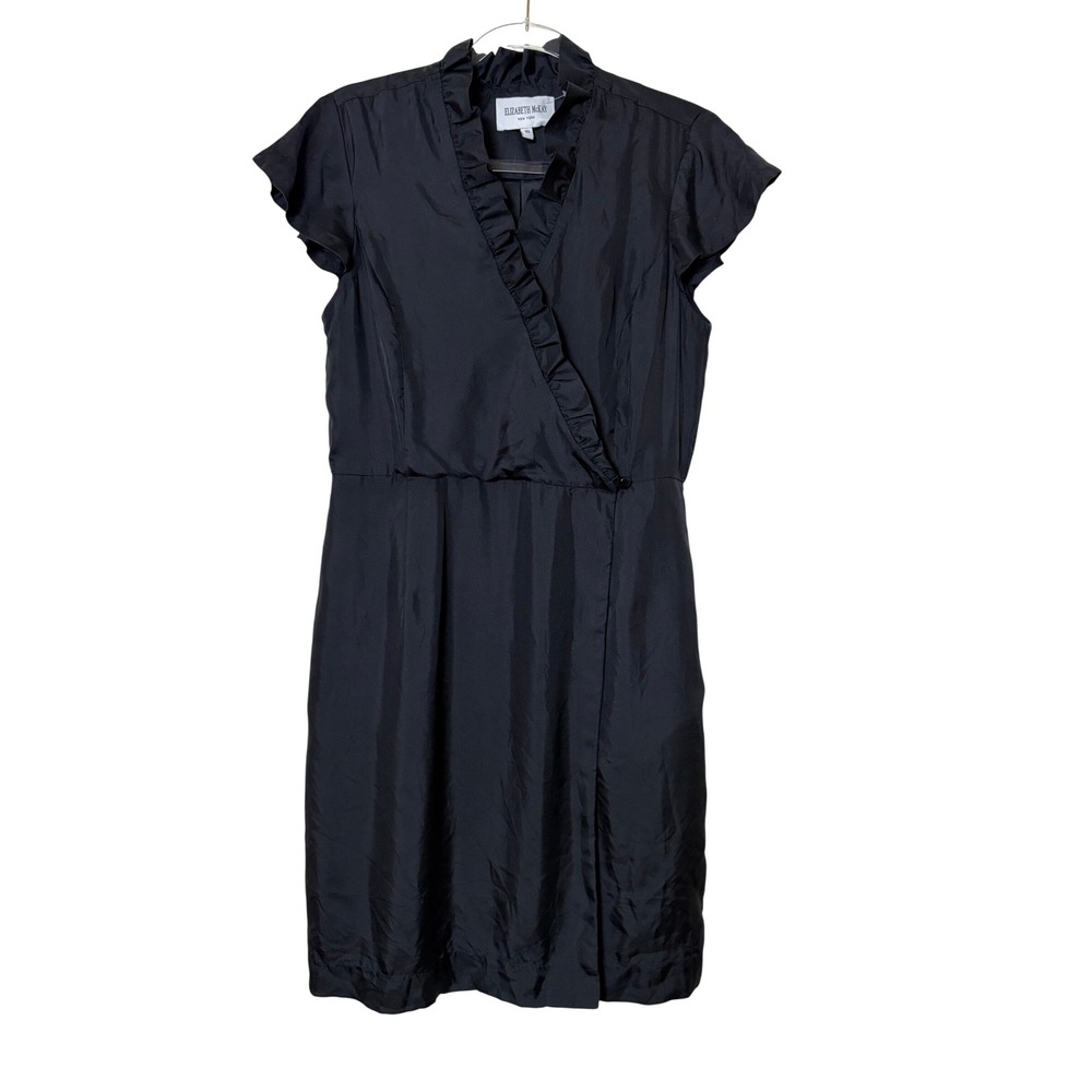 Elizabeth McKay Black Silk Ruffle Wrap Dress Flutter Sleeve Size 10